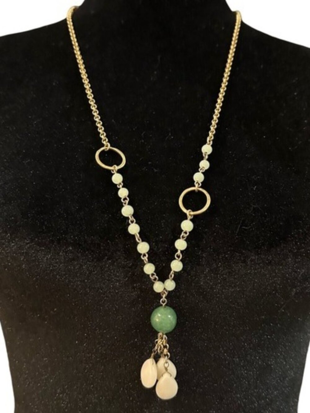 AEO American Eagle Necklace Gold Tone Green Beaded White Tassel 30 Inch Length